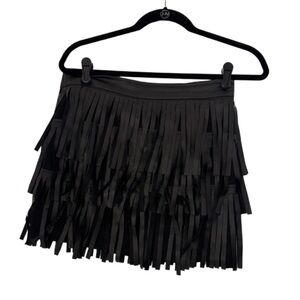BLACK FAUX LEATHER FRINGE SKIRT